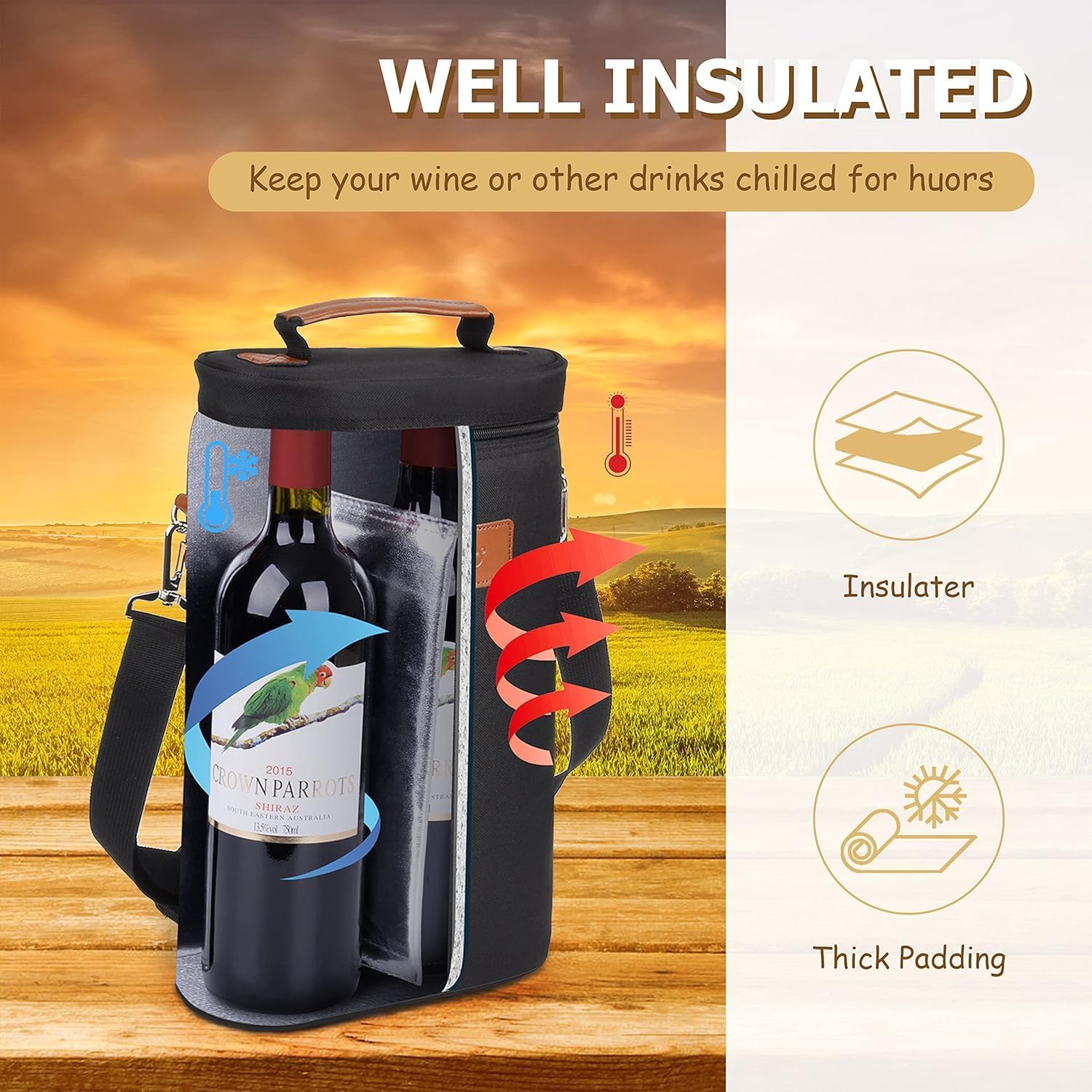 Vinkylväska för två flaskor – Stötdämpande, läckagesäker vinväska