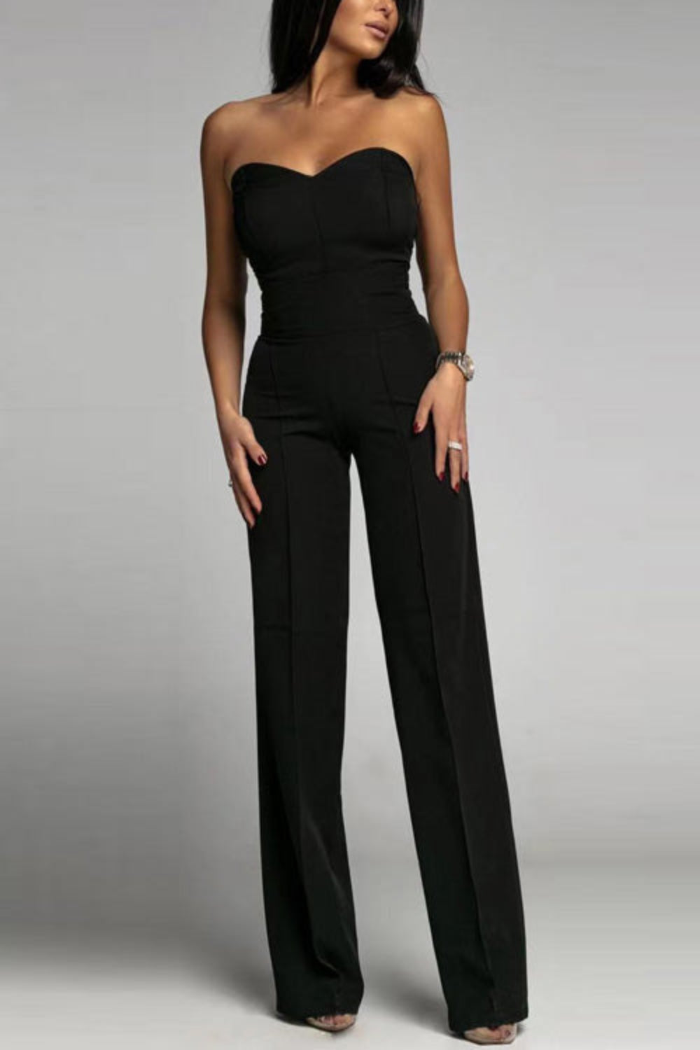 Bandeau-jumpsuit med vida ben för kvinnor – Elegant axelbandslös palazzo-outfit i ett stycke