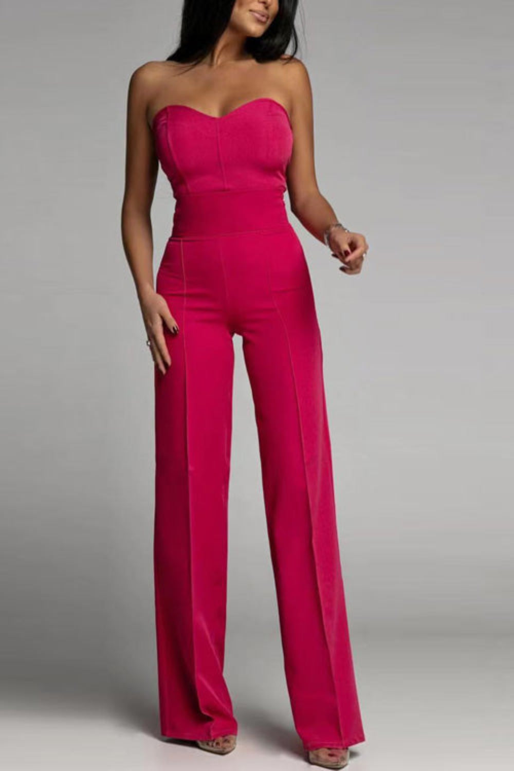 Bandeau-jumpsuit med vida ben för kvinnor – Elegant axelbandslös palazzo-outfit i ett stycke