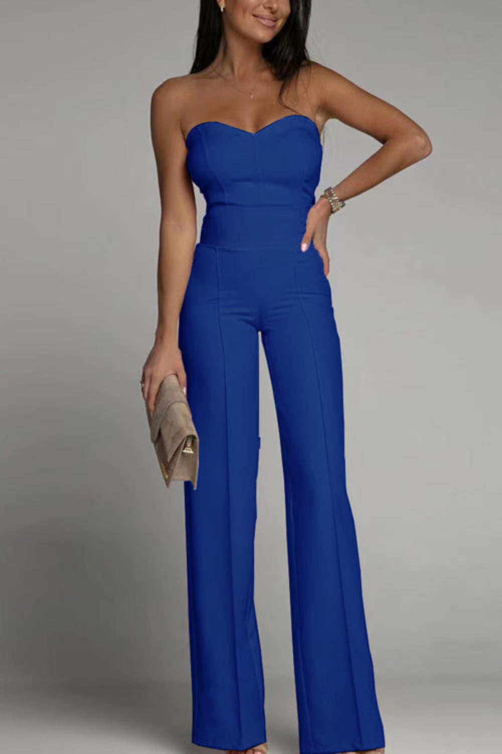 Bandeau-jumpsuit med vida ben för kvinnor – Elegant axelbandslös palazzo-outfit i ett stycke