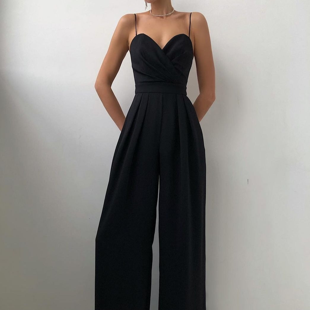 Ärmlös jumpsuit med vida ben för kvinnor – Snygg outfit i palazzo-stil med remmar