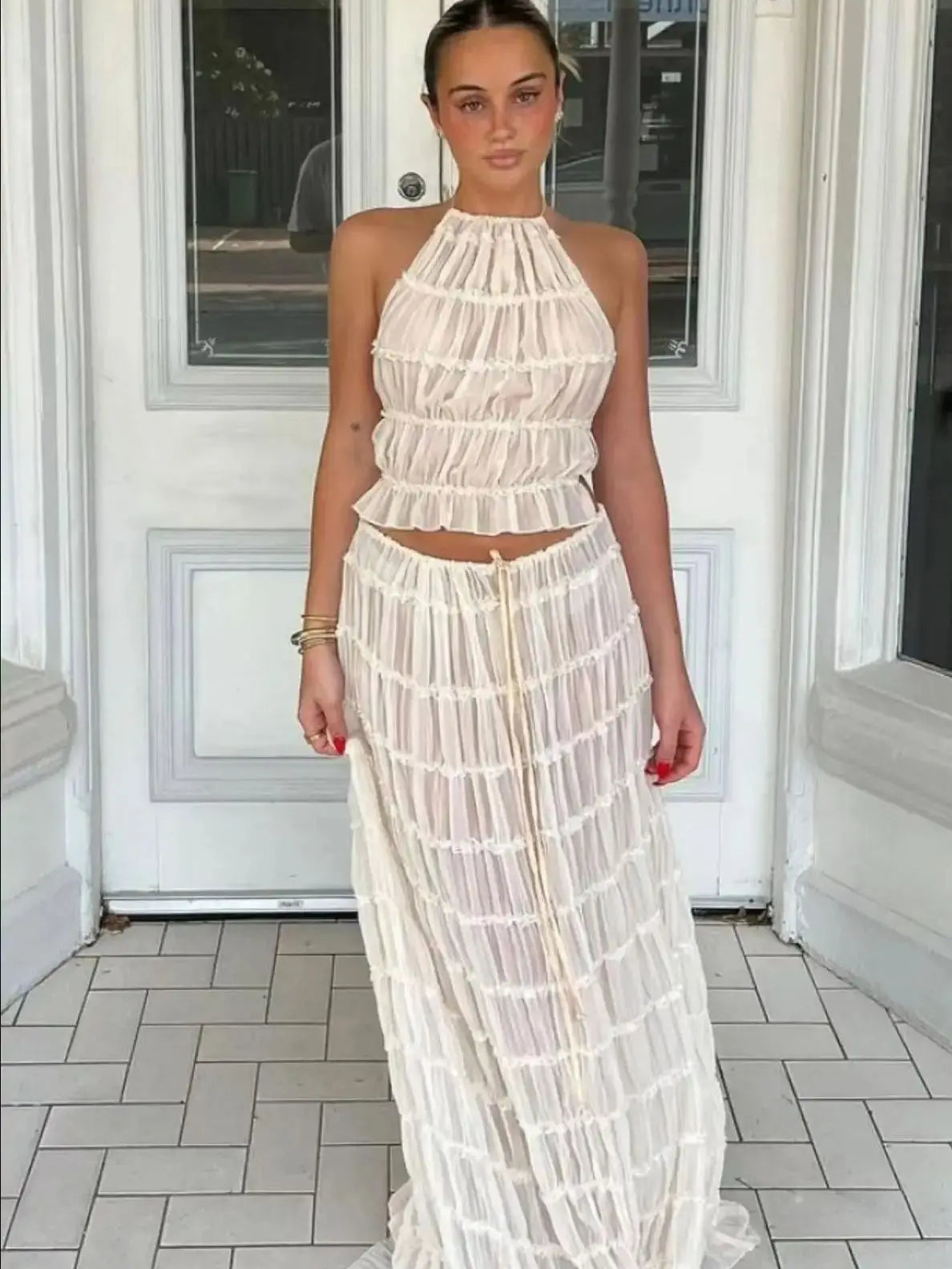 Eva | Randigt halterneckkjolset – Crop Top och Maxikjol i två delar för semestern