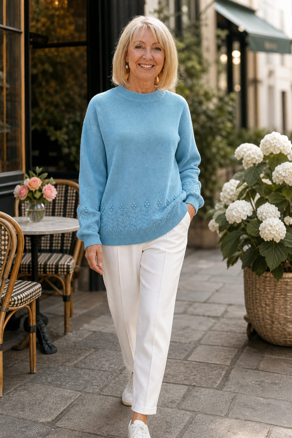 Damayanti | Stickad tröja med rund hals och blombroderi – Avslappnad modell med ribbade kanter