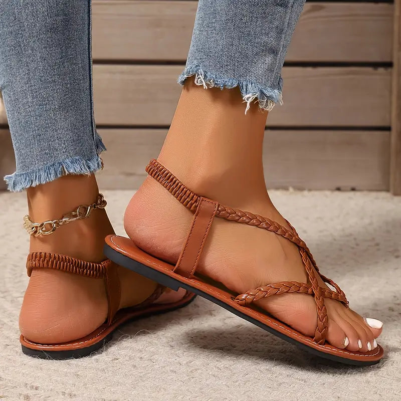 Platta sandaler med stretchrem för kvinnor – lätta promenadsandaler med öppen tå