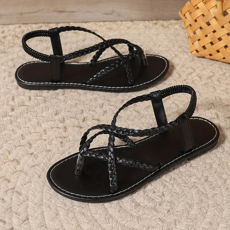 Platta sandaler med stretchrem för kvinnor – lätta promenadsandaler med öppen tå