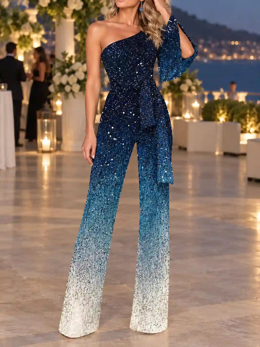 Helga | Elegant jumpsuit för fest med paljetter i ombré-effekt, en axel, knytning i midjan och vida ben