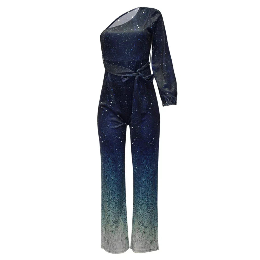 Helga | Elegant jumpsuit för fest med paljetter i ombré-effekt, en axel, knytning i midjan och vida ben