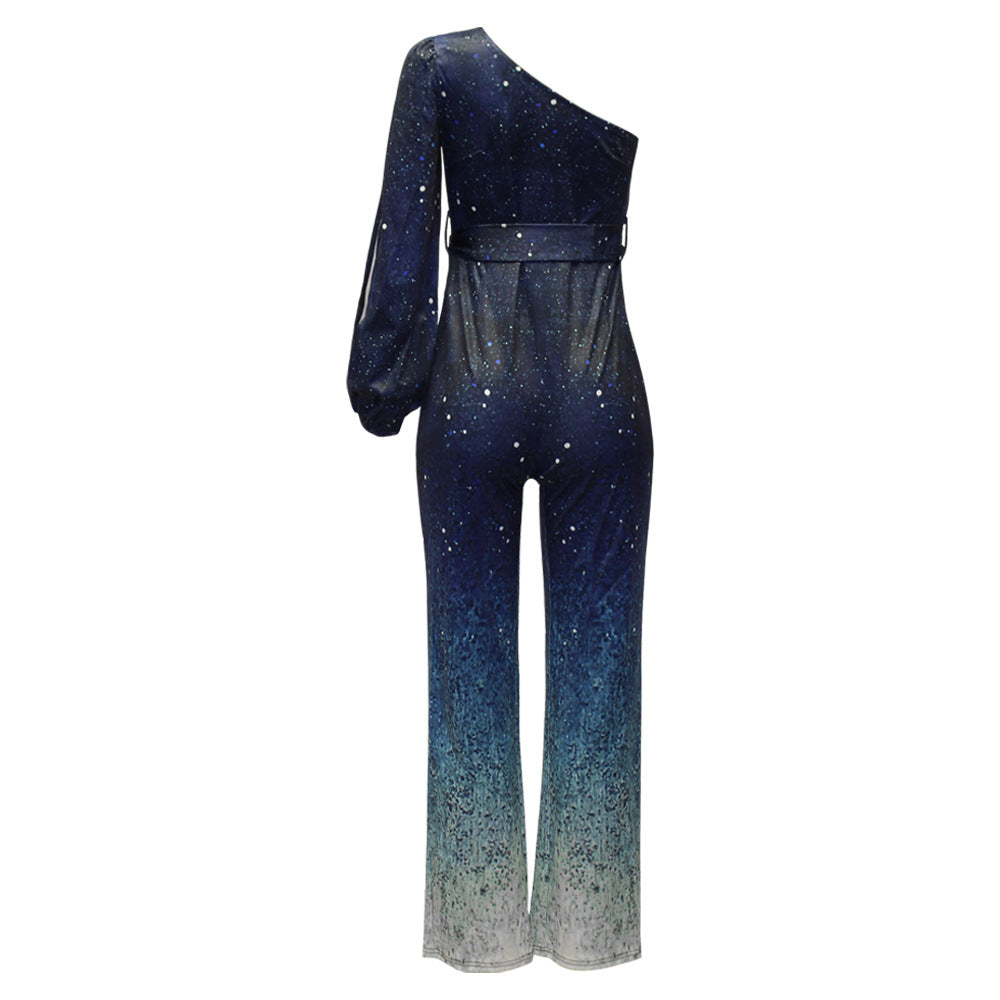 Helga | Elegant jumpsuit för fest med paljetter i ombré-effekt, en axel, knytning i midjan och vida ben