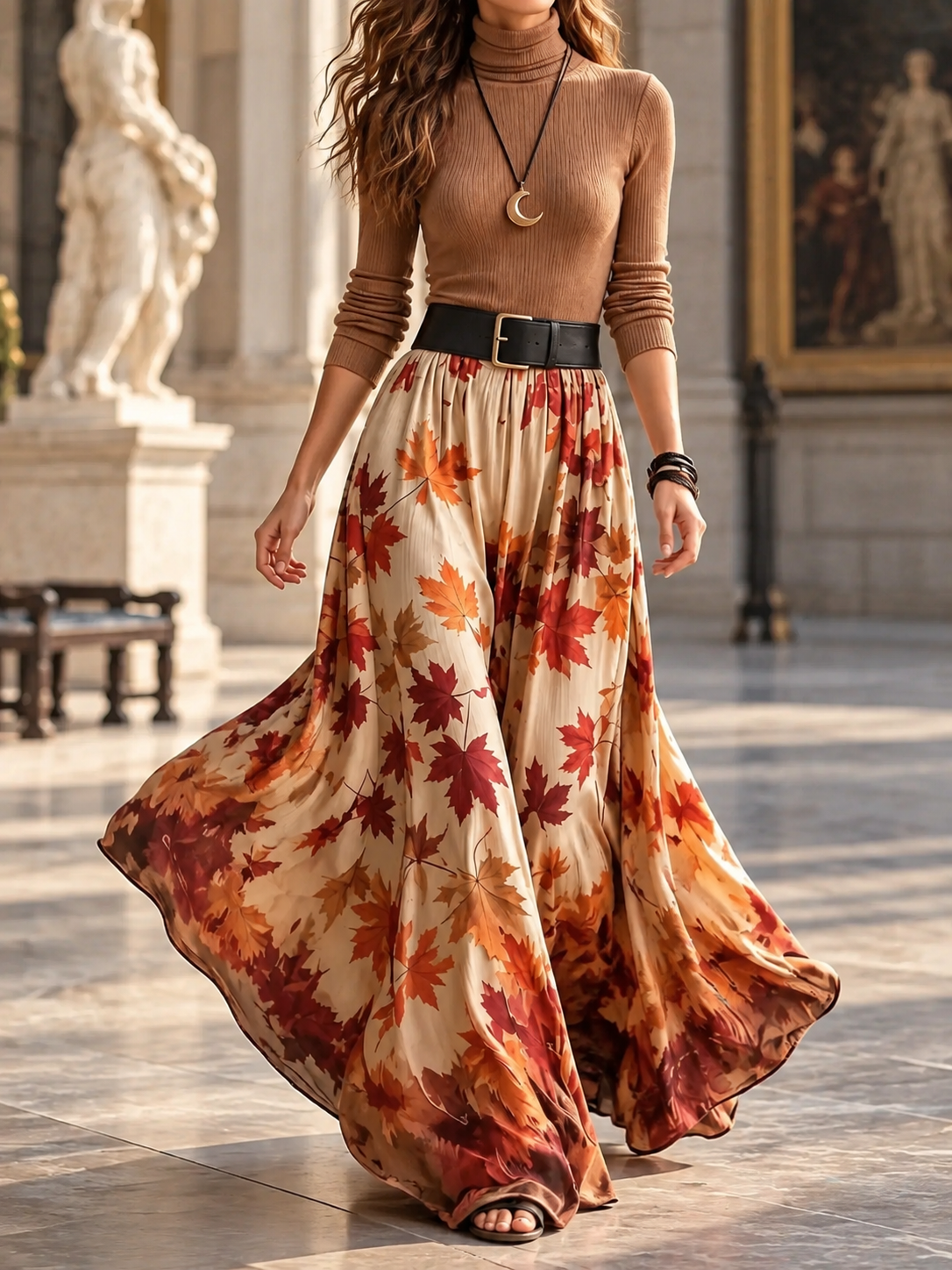 Dorotea | Set med polotröja och kjol i ribbstickat material med lövmönster – midjemodell, hellångt, boho-chic