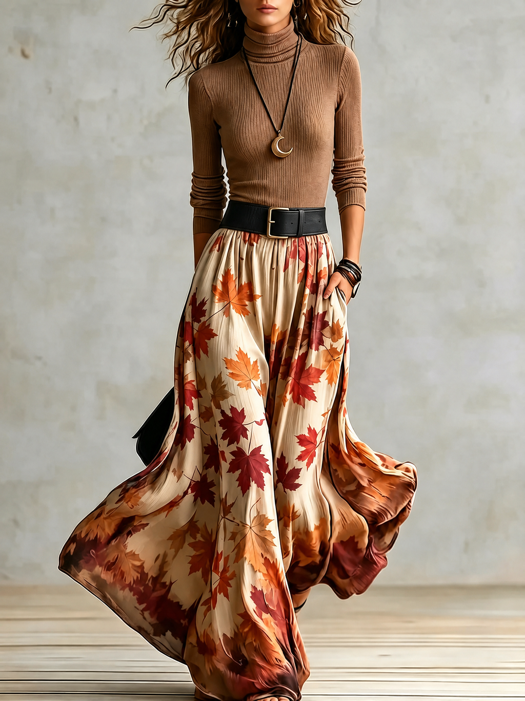 Dorotea | Set med polotröja och kjol i ribbstickat material med lövmönster – midjemodell, hellångt, boho-chic