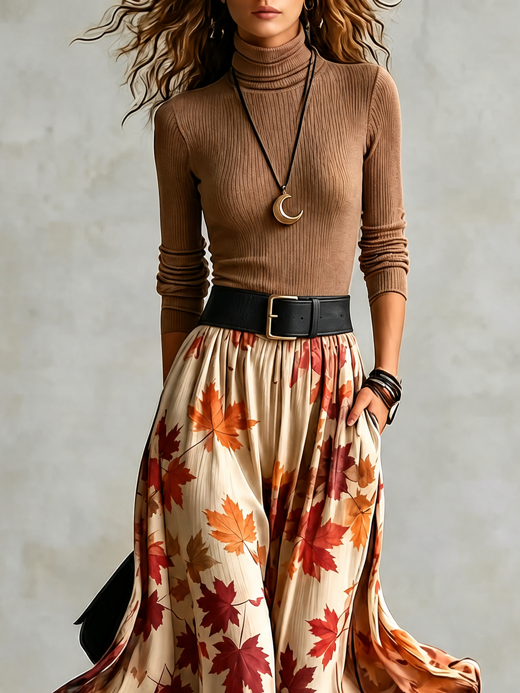 Dorotea | Set med polotröja och kjol i ribbstickat material med lövmönster – midjemodell, hellångt, boho-chic