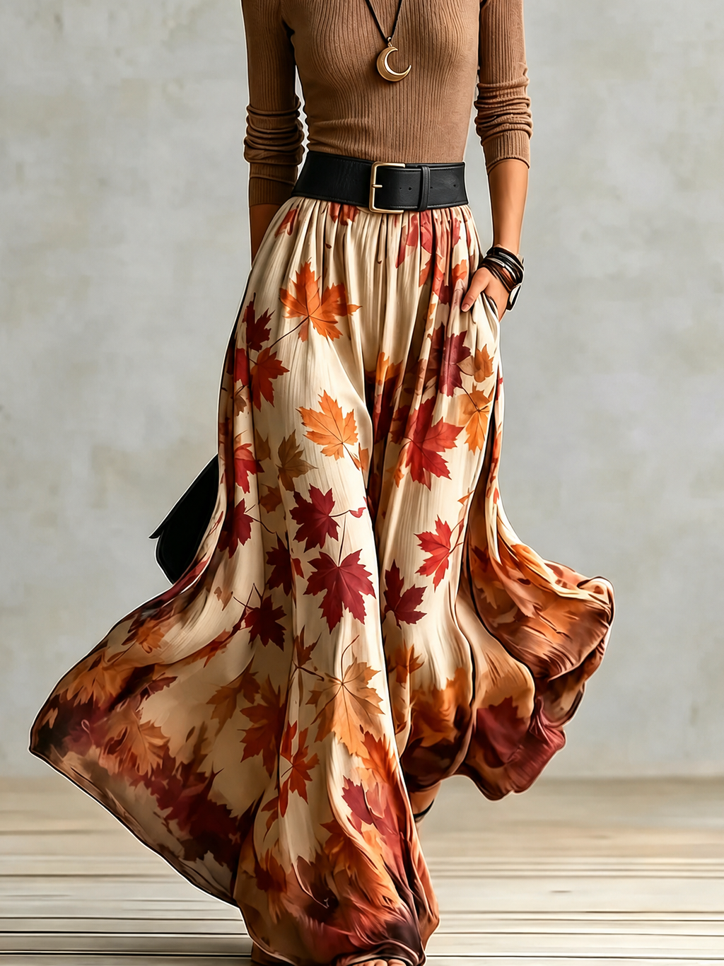 Dorotea | Set med polotröja och kjol i ribbstickat material med lövmönster – midjemodell, hellångt, boho-chic