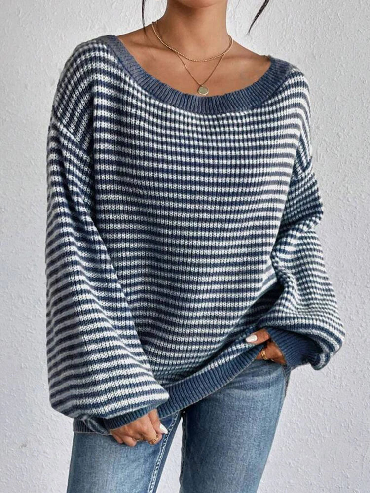 Rosamund | Randig, off-shoulder långärmad stickad tröja - Mysig och avslappnad stickning