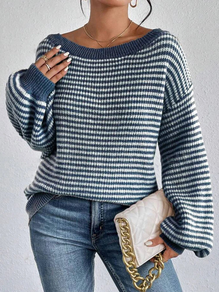 Rosamund | Randig, off-shoulder långärmad stickad tröja - Mysig och avslappnad stickning