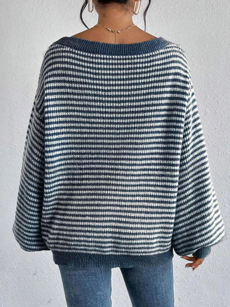 Rosamund | Randig, off-shoulder långärmad stickad tröja - Mysig och avslappnad stickning