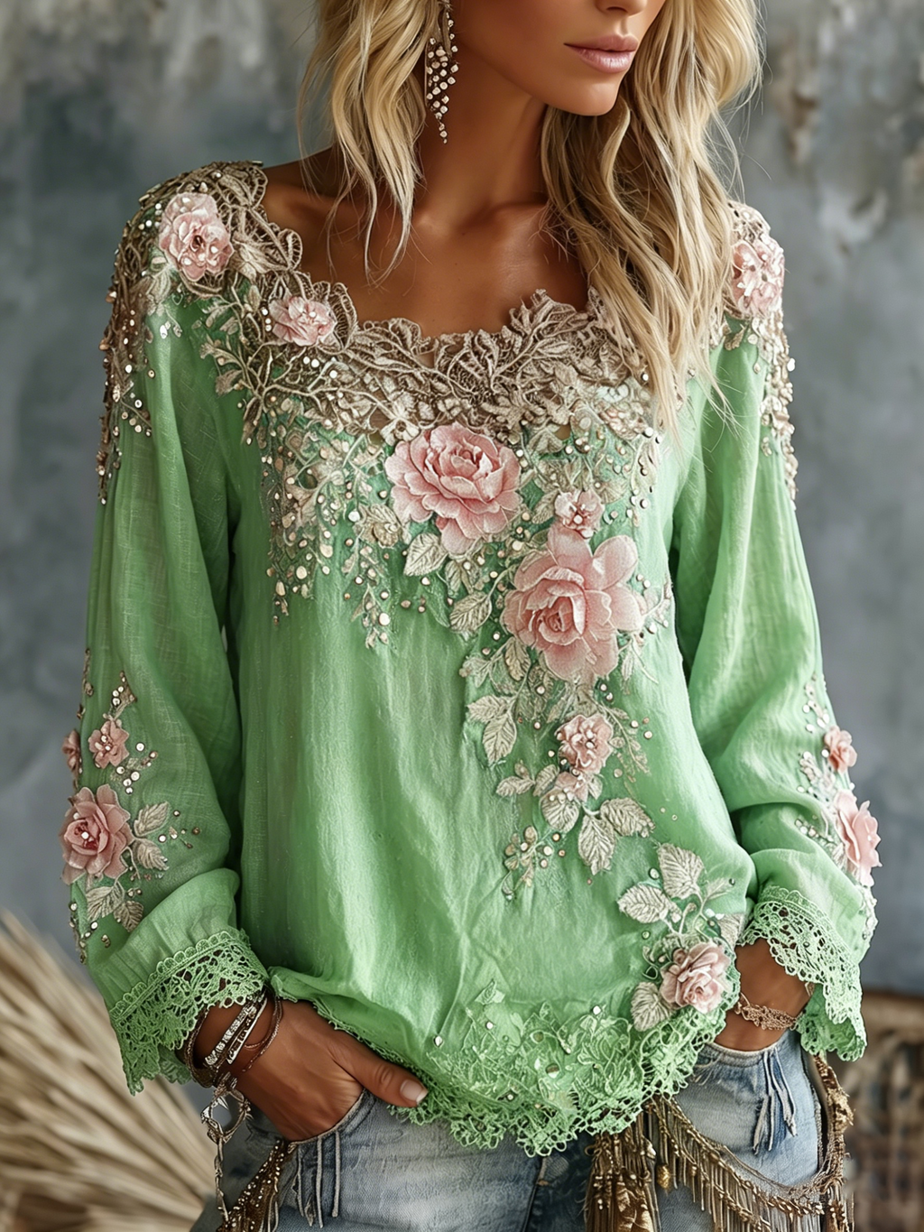 Kerstina | Blus med blomapplikationer, spetskant och rund halsringning – dekorerad långärmad vardagsblus
