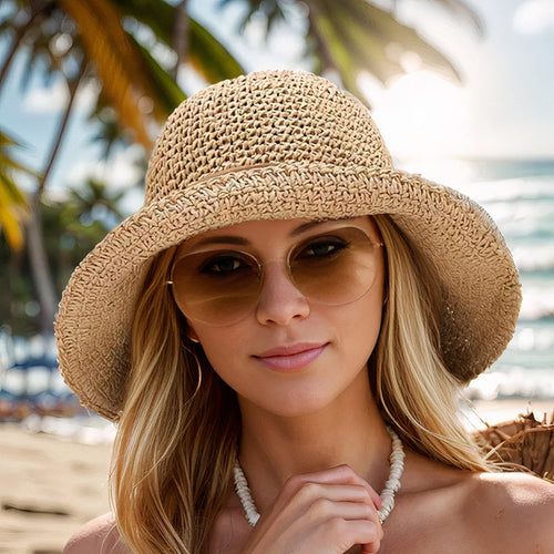 Bohemisk vävd solhatt för kvinnor – sommarhatt med bred brätte och repdetaljer