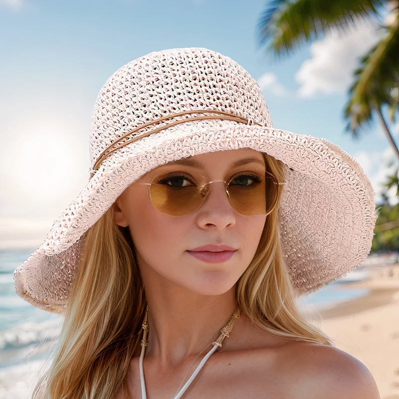 Bohemisk vävd solhatt för kvinnor – sommarhatt med bred brätte och repdetaljer