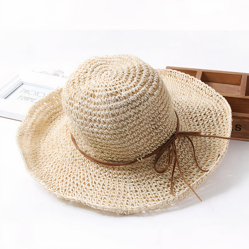 Bohemisk vävd solhatt för kvinnor – sommarhatt med bred brätte och repdetaljer